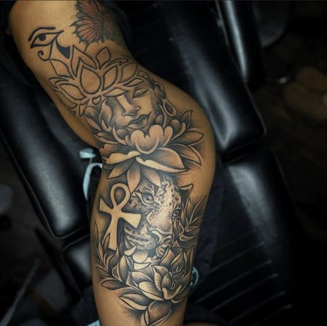 Right Side Tattoos Women, Leg Tattoos On Black Women, Inside Of Leg Tattoo, Cute Tattoos Big, Back To Leg Tattoo Women, Upper Thigh And Hip Tattoo, Leg Peices Tattoos, Thigh And Buttock Tattoo, Side Thigh Tattoos Women Black