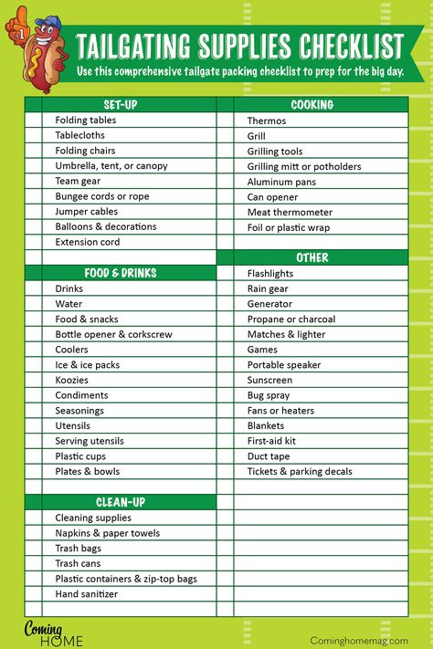 14 Tailgating Hacks That Score | Coming Home Mag Tailgate Checklist Football, Tailgate Supply List, Tailgating Must Haves, Tailgate Organization, Tailgate Games For Adults, Football Tailgate Food Ideas, Tailgating Checklist, Tailgate Checklist, Tailgating Hacks