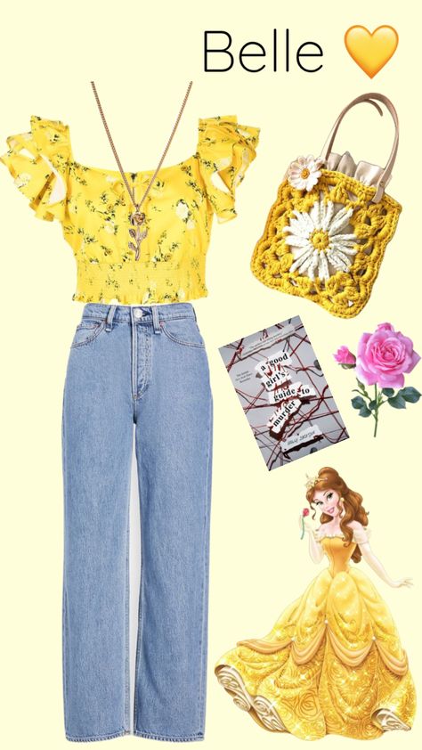 Casual Disney Character Outfits, Disney Princess Outfits Aesthetic, Princess Belle Inspired Outfits, Disney Princess Inspired Outfits Casual, Disney Princess Aesthetic Outfit, Casual Disney Princess Outfits, Belle Outfit Ideas Disney, Boho Disney, Yellow Outfit Aesthetic