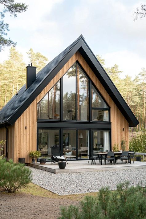 Modern nordic house with veritcal wooden siding black a frame roof large windows small patio shrubs gravel lining in a forest. Indulge in the charm and functionality of Nordic houses, their design principles, key features, and all that makes them so awesome. Nordic Front Porch, Small House Large Windows, White House In Woods, Modern Danish House, Nordic Architecture Modern, Nordic Home Design Exterior, Scandi Home Exterior, Scandinavian Country House, A Frame Modern House