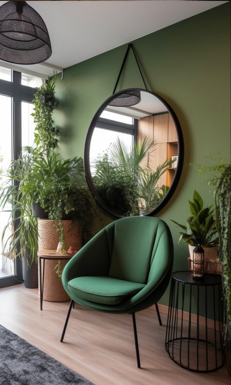 green chair with green plants arranged around it, in the style of studyplace, the snapshot aesthetic, wood, exotic, mirrored, contemporary diy, earth tones Esthetician Room Decor Green, Green Working Space, Green Wood Room Aesthetic, Green Salon Aesthetic, Green Office Aesthetic, Interior With Plants, Living Room Design Green, Green Couch Living Room, Wood Office Furniture