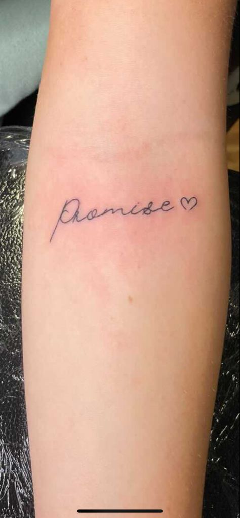 Tattoo fine line promise Promise Tattoo Word, Promise Word Tattoo, Promises Tattoo, I Promise Tattoo, Fineline Word Tattoo, Neat Tattoos, Fineline Tattoos, Promise Tattoo, Simple Arm Tattoos