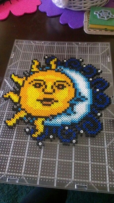 Sun and moon perler beads Perler Bead Moon And Stars, Sunset Perler Beads, Sun And Moon Perler Beads, Sun Perler Bead Pattern, Grunge Perler Beads, Sun And Moon Pixel Art, Rave Perler Beads, Large Perler Bead Art, Moon Perler Bead Pattern