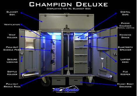 Flexi Equine Tack manufacture high quality tack lockers for equine sport. Secure your tack with style. Mobile solutions customised to your choice of style and finish. Horse Tack Boxes, Tack Locker, Tack Trunk, Tack Box, Horse Tack Rooms, Locker Designs, Dream Stables, Horse Barn Plans, Horse Equipment