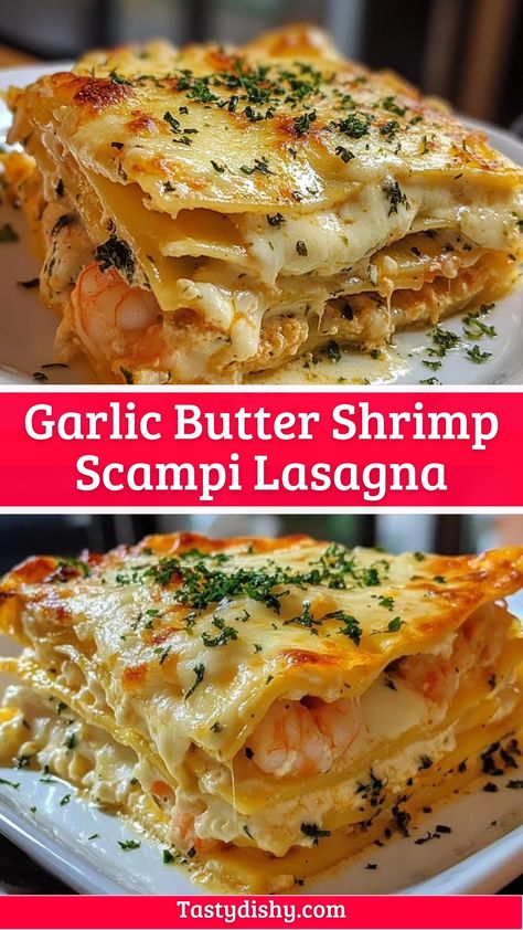 Garlic Butter Shrimp Scampi Lasagna – A Delicious Twist! Family Shrimp Dinner Ideas, Shrimp Pasta Ideas For Dinner, Garlic Butter Shrimp Lasagna, Easy Shrimp Scampi Pasta, Quick Week Night Dinner Ideas, Garlic Butter Shrimp Scampi Lasagna, Shrimp Scampi Lasagna, Scampi Butter Recipe, Baked Shrimp Casserole