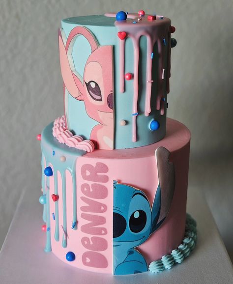 Angel and stitch, chocolate and vanilla 🩷💙 #angelandstitch #cake #copperascovetx Stitch Sheet Cake, Angel And Stitch Cake, Stitch And Angel Birthday Cake, Stitch Angel Cake, Stitch Torte, Stitch Cake Ideas, Stitch Cake Design, Stitch And Angel Birthday, Stitch And Angel Cake