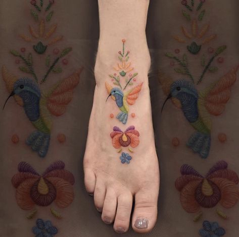 Hummingbird Tattoo Watercolor, Embroidered Tattoo, Mexico Tattoo, Mexican Tattoo, Embroidery Tattoo, Lavender Tattoo, Rune Tattoo, Special Tattoos, Detailed Tattoo