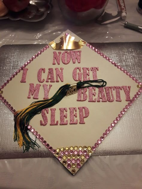 Cosmo School Grad Cap, Esthetician Graduation Cap Ideas, Esthetician Grad Cap, Graduation Cap Designs Esthetician, Cosmo Graduation Cap, Beauty School Cap Ideas, Pink Cap Decoration, Sleeping Beauty Graduation Cap, Cosmetology School Graduation Cap