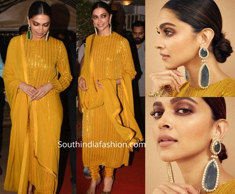 Deepika attended an event in Mumbai wearing a mustard yellow sequin embellished churidaar suit by Sabyasachi. She styled her look with a pair of statement emerald polki earrings, smokey eyes, nude lips and a sleek low bun! Mustard Indian Suit, Mustard Yellow Kurta Woman, Makeup For Yellow Outfit Indian, Mustard Dress Makeup, Sequin Suits Indian, Yellow Suits Women Indian, Mustard Suits Women, Mustard Yellow Kurti Design, Mustard Yellow Outfit Indian