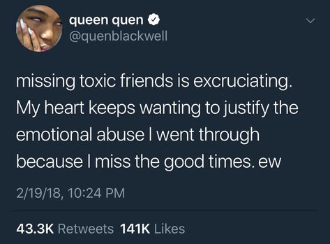 You can miss someone and still recognize the relationship was toxic. The point is to not go back. Fake Friend Quotes, Toxic Friends, Realest Quotes, Relatable Tweets, Twitter Quotes Funny, Caption Quotes, Queen Quotes, Real Talk Quotes, Instagram Quotes