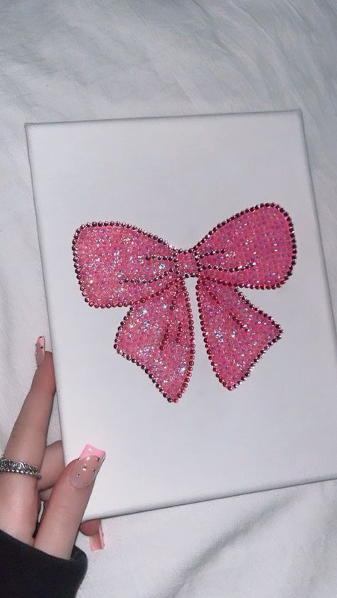 Pink Glitter Paint, Bow Art, Rhinestone Projects, Gemstone Art, Cute Canvas Paintings, Glitter Canvas, Easy Canvas Art, Pink Painting, Diamond Paint