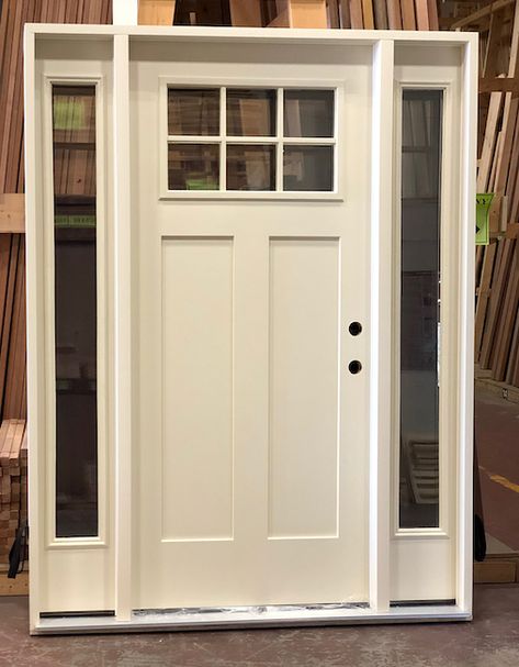 Simple style, great curb appeal! The Craftsman 6-Lite door with sidelites is a homeowner favorite. And you’ll definitely appreciate the maintenance free style of this prefinished fiberglass door. Cream shown; other 6-Lite Craftsman door styles are available in stained mahogany finish or painted grey.  Unit dimensions: 63-3/4” x 82-1/2” Recommended rough opening: 64-1/2” x 83” White Craftsman Front Door, Wide Front Doors Entrance, White Front Door With Windows, Back Door Styles, White Front Door With Sidelights, Front Door Styles With Side Lights, Craftsman Style Exterior Doors, Craftsman Style Front Doors Entrance, Craftsman Style Door Exterior