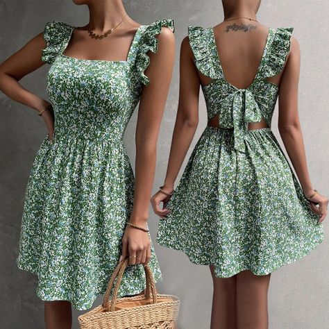 $18.90+Shipping=🌼👗Summer A-Line Bowknot Back Dress - Floral Smocked Bodice Sundress💃 > #summerdress #summerdresses #summerdresses #summerdressing #summerdresses👗 - This casual yet chic dress is perfect for a wide range of occasions, from casual outings to garden gatherings and everything in between. Simple Dress Casual, Womens Beach Dresses, Beach Holiday Dresses, Mini Robes, Holiday Beach, Backless Design, American People, Spring Summer Dress, Neck Ruffle