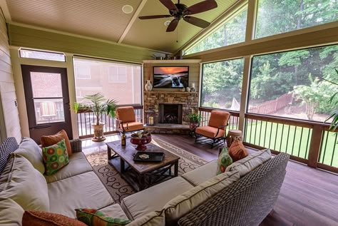 Add A Screen Porch with Fireplace-Alpharetta | AD&B Comfy Living Room Decor, Back Porch Designs, Porch Design Ideas, 4 Season Room, 3 Season Room, Screened Porch Designs, Four Seasons Room, Porch Fireplace, Three Season Room