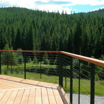 Cabin Decks, Log Cabin Exterior, Cable Railing Deck, Cabin Deck, Tahoe Cabin, Deck Railing Design, Custom Railing, Shady Tree, Deck Railing