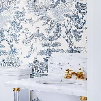 Antique Gold Shower Fixtures - Transitional - Bathroom Blue And White Wallpaper, Powder Room Wallpaper, Gold Faucet, Wallpaper Bathroom, Toile Wallpaper, Toile Pattern, Bold Wallpaper, Color Palette Bright, Chinoiserie Wallpaper