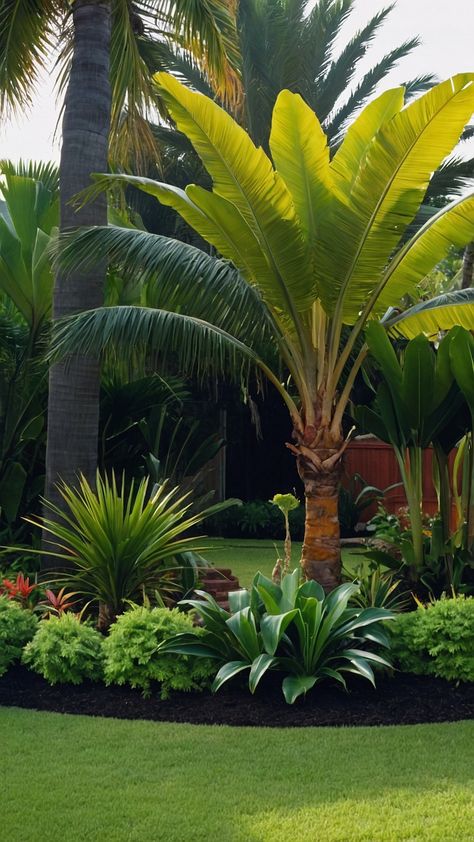 Transform your backyard with these tropical landscaping ideas From pool designs to palm trees and small oasis concepts discover modern and stylish ideas for Zone 8 and 9 gardening Incorporate banana plants and create a California-inspired paradise in your own backyard Whether you have a simple small space or a larger area these pool designs and garden ideas will elevate your outdoor living experience Modern Simple Backyard, Tropical Plant Landscaping, Garden Palm Trees, Plants Around Palm Trees, Palm Tree Landscape Ideas Backyards, Palm Trees Around Pool, Pool Plants Landscaping, Banana Tree Landscape, Palm Tree Landscape Ideas