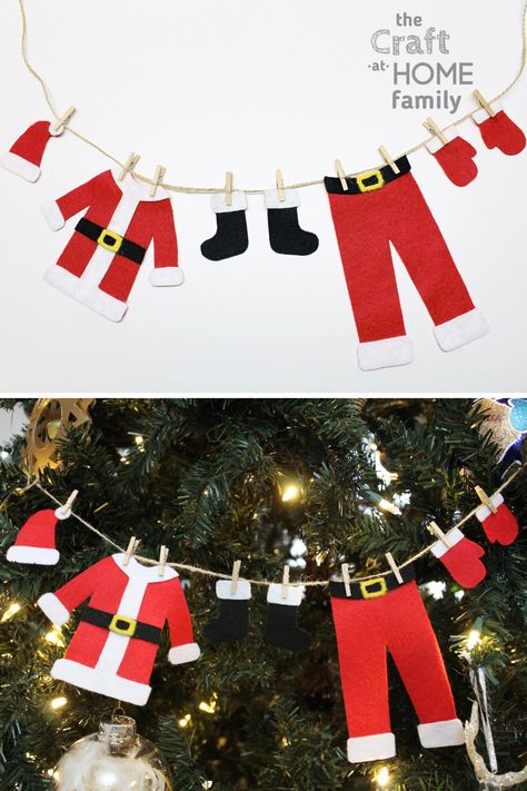 This DIY Santa’s clothesline made from red and white felt is both beautiful and simple to make! It doesn’t require any sewing and would look great as a homemade Christmas tree garland, or even as a DIY decoration for your mantle. And because we’ve included a free printable template, you don’t even have to worry about coming up with your own pattern! Find out how to make this gorgeous no-sew Christmas garland using our free Santa's clothing template to hang on your tree or over your fireplace! Diy Santa Fireplace, Christmas Decorations For Tree Diy, Christmas Decor Drawing Simple, Christmas Decoration Simple, Self Made Christmas Decorations, Merry Christmas Decoration Diy Ideas, Santa Garland Diy, Candy Cane Theme Decorations Diy Christmas, Homemade Christmas Decorations For Room