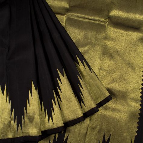 Handloom Black Pure Zari Kanjivaram Silk Saree With Zari Temple Border & Pallu 10014311 - AVISHYA.COM