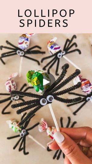 16K views · 18 reactions | SPIDER LOLLIPOPS 🕷️🍭 

The cutest Halloween candy treat for kids! You only need lollipops, black pipe cleaners, and googly eyes!  Just cut the pipe cleaners in half then wrap around the lollipop stem. Bend the pipe cleaners to make legs and glue on the eyes! 

Comment SPIDER and I’ll send the you think to everything you need including my ghost sweater from Pink Lily! Use code LEANNA for 20% off! 

#cookingvideo #quickrecipes #recipeideas #easymeals #recipevideo #goodmoodfood #easyrecipes #foodie #foodphotography #foodreelsfoodblogger #instafood #betterhomesandgardens #mybhg #mybhghome #bhghowiholiday #bhgholiday  #foodreels  #ltkhome | Life by Leanna | Keiron Raven · BEETLEJUICE THEME SONG (REMIX) Halloween Treats With Googly Eyes, Halloween Suckers Diy, Spider Lollipops Pipe Cleaners, Lollipop Halloween Ideas, Sucker Ghosts, Spider Lollipops, Pumpkin Lollipop, How To Make Spiders, Ghost Lollipops