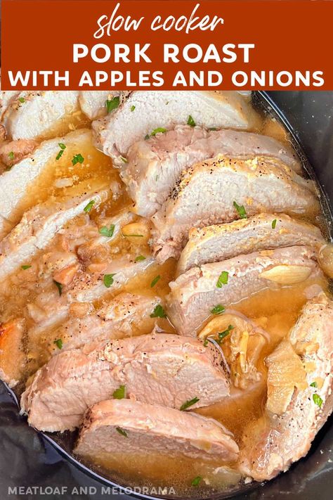 Pork Loin Roast Crock Pot, Tender Pork Loin, Pork Loin Crock Pot Recipes, Pork Roast Crock Pot Recipes, Pork Roast With Apples, Apples And Onions, Crockpot Pork Loin, Slow Cooker Pork Loin, Crockpot Pork Roast