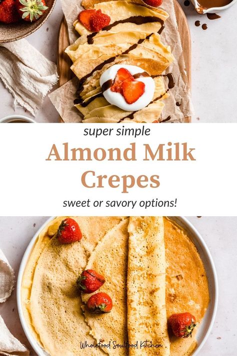 The basic recipe for these Almond Milk Crepes consists of only 3 simple ingredients and is very quick and easy to prepare! These homemade crepes are dairy-free and refined sugar-free. They also don’t include any butter or oil making this recipe lower in fat than more traditional crepe recipes. Crepes With Almond Milk, Dairy Free Crepe Recipe, Almond Milk Crepes, Creaps Recipe, Traditional Crepe Recipe, Crepes With Pancake Mix, Dairy Free Crepes, Healthy Crepe Recipes, Crepes Easy