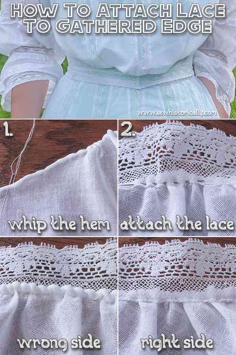 Lacemaking For Beginners, How To Make Lace Tutorials, How To Sew Cuffs On Sleeves, Hand Sewn Dress Diy, Cute Diy Sewing Projects, Needle Lace Edging, How To Sew Lace, How To Sew Lace On Fabric, How To Hem A Dress