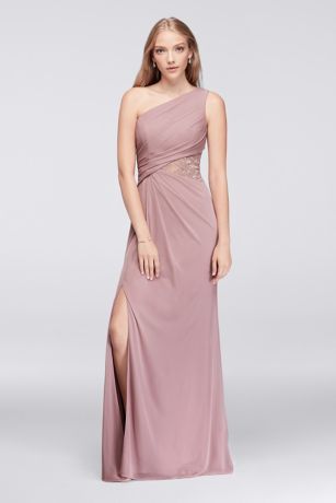 A new take on mesh and lace, a favorite bridesmaid dress pairing, this long soft gown features a sleek side cutout inset with lace. Polyester Back zipper; lined except for lace inset Dry clean Imported Rose Gold Bridesmaid Dress, Gaun Koktail, Mesh Bridesmaids Dress, Davids Bridal Bridesmaid Dresses, Rose Bridesmaid Dresses, Davids Bridal Wedding Dresses, Gold Bridesmaid Dresses, Bridal Bridesmaid Dresses, Bridesmaid Dress Sizes