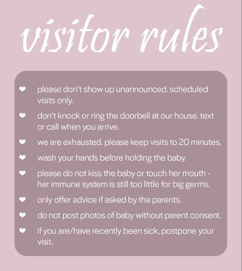 Newborn baby visit visitor rules guest guidelines in-laws grandparents hospital Rules For My Newborn, When Visiting A Newborn, Labor And Delivery Rules For Family, Rules For Hospital Visitors, Rules For Newborn Baby, Rules When Visiting New Baby, Newborn Rules For Visitors Sign, Baby Boundaries List, Birth Rules For Visitors