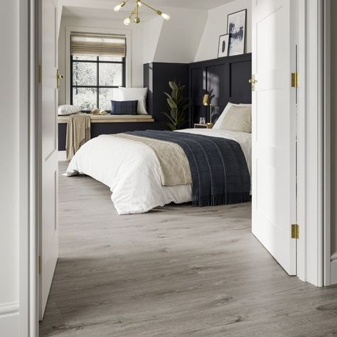 Grey Walls With Wooden Floors, Bedroom Decor Grey Flooring, Bedroom Furniture For Gray Floors, Grey Hardwood Bedroom, Grey Pergo Flooring, Gray Flooring Bedroom Ideas, Grey Wood Floors Wall Color, Gray Floor Bedroom Ideas Modern, Bedroom Ideas For Grey Floors