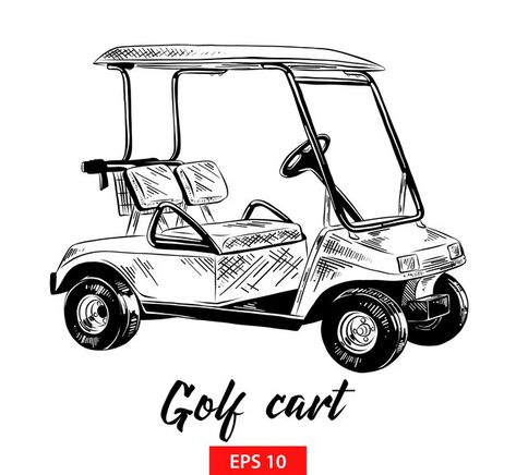 Vector hand drawn sketch of golf cart in... | Premium Vector #Freepik #vector #golf-cart #golf-car #golf-hole #golf-course Golf Cart Illustration, Golf Sketch, Cart Logo, Golf Buggy, Car Golf, Logo Clipart, Golf Car, Outline Designs, Service Logo