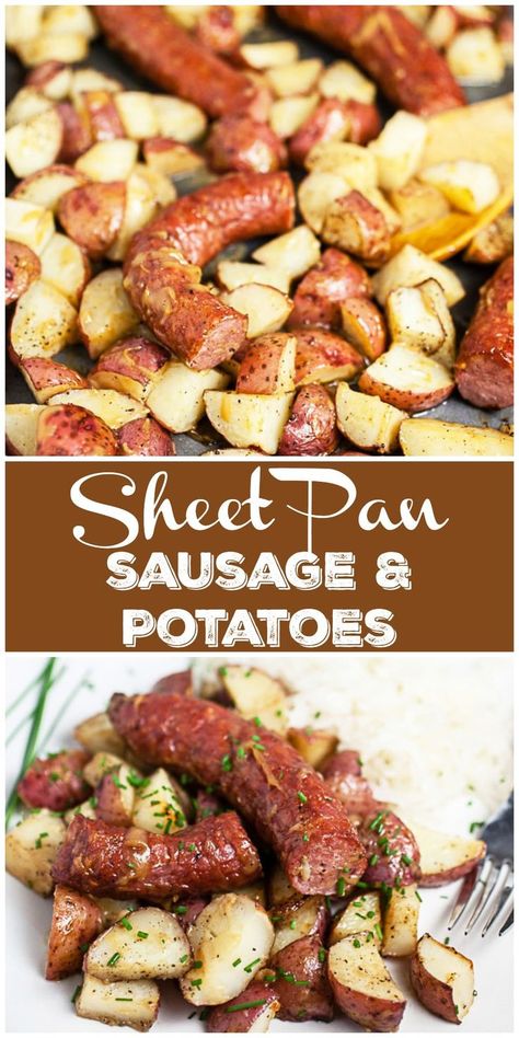 This Sheet Pan Sausage and Potatoes recipe is made in the oven and ready in 30 minutes! It's full of German flavors and a great way to celebrate Oktoberfest. This sheet pan supper has red potatoes, smoked sausage, a mustard glaze, and sauerkraut. The whole thing is made on one pan so there's little cleanup! This gluten free oven roasted meal is perfect for busy weeknights. #sausage #potatoes #german #oven #roasted #smoked #Oktoberfest #glutenfree Sheet Pan Sausage And Potatoes, Sheet Pan Supper, Sheet Pan Sausage, Sausage And Potatoes, German Sausage, Sheet Pan Suppers, Homemade Dinner Recipes, Diner Recept, Homemade Dinner