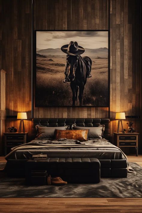 Western Room Ideas & Inspirations - Quiet Minimal Cowboy Bedroom Western, Dark Western Bedroom, Western Themed Bedroom, Western Room Ideas, 2024 Interior Design Trends, Cowboy Bedroom, Horse Themed Bedrooms, Farmhouse Build, 2024 Interior Design