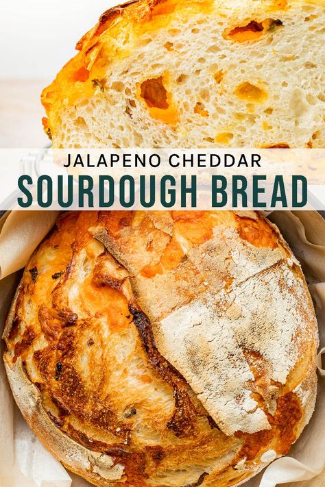 Jalapeño Cheddar Sourdough Bread Jalapeño cheddar sourdough is an easy way to amp up the flavour of a basic sourdough loaf! Eat it plain, or slathered with butter and jam. Jalapeno Cheddar Sourdough Bread, Recipe With Jalapeno, Cheddar Sourdough Bread, Jalapeno Cheese Bread, Recipe Using Sourdough Starter, Pickled Jalapenos, Sourdough Starter Discard Recipe, Homemade Sourdough Bread, Bread Starter