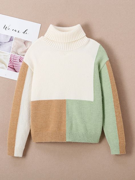 Colourblock Sweater, High Neck Jumper, High Neck Sweater, Winter Girls, Winter Sweatshirt, Easy Knitting, Girls Sweaters, Casual Pullover, Baby Knitting Patterns