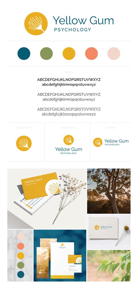 Branding for Yellow Gum Psychology – a rural psychology clinic. Made by studio8design.com. #branddesign #branding #designinspiration #logodesigninspiration #logodesign #brandidentity #visualidentity #brandidentityinspiration #moodboard #styleguide #psychologistbranding #psychologistlogo #brandgraphics #subicon #icondesign #typography #fontusage #styleguide #brandguidelines #psychologylogo #psychologybranding Psychologist Branding Design, Counselling Branding, Psychology Logo, Psychologist Logo, Psychology Clinic, Psychology Business, Consulting Branding, Turquoise Branding, Corporate Style