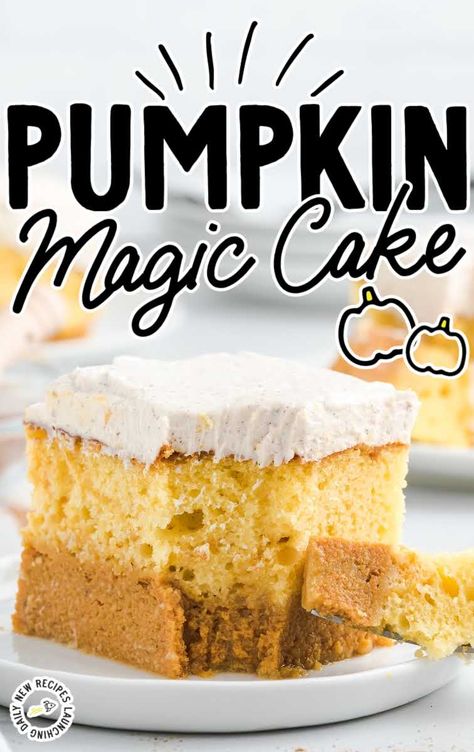 close up shot of a slice of Pumpkin Magic Cake with a piece taken out of it with a fork on a plate Pumpkin Magic Cake, Magic Cake Recipes, Pumpkin Magic, Custard Cake Recipes, Cake Pumpkin, Cake Mix Ingredients, Pumpkin Delight, Layered Dessert, Pumpkin Ice Cream