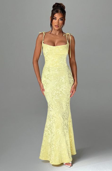 Whitney Maxi Dress - Lemon Gold Prom Dresses Tight, House Of Cb Dress Wedding Guest, Lemon Yellow Prom Dress, Yellow Lace Prom Dress, Pretty Yellow Prom Dresses, Lemon Maxi Dress, Yellow Floor Length Dress, Colourful Prom Dress, Formsl Dresses