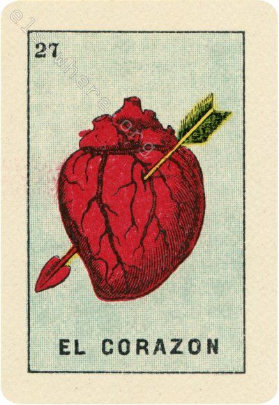 27 - El Corazon | Clemente Jacques, Series 1, ca. 1920s | Loteria Collection | Communications From Elsewhere Vintage Wall Collage, Loteria Cards, Mexican Culture Art, Wall Collage Kit, Mexico Art, Dorm Posters, Collage Kit, Mexican Culture, Art Collage Wall