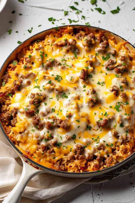 Ground Sausage and Rice Skillet - BeCentsational Ground Sausage And Rice, Ground Pork Sausage Recipes, Sausage And Rice Skillet, Ground Sausage Recipes, Sausage And Rice, Pork Sausage Recipes, Sausage Recipes For Dinner, Sausage Rice, Sausage Dinner