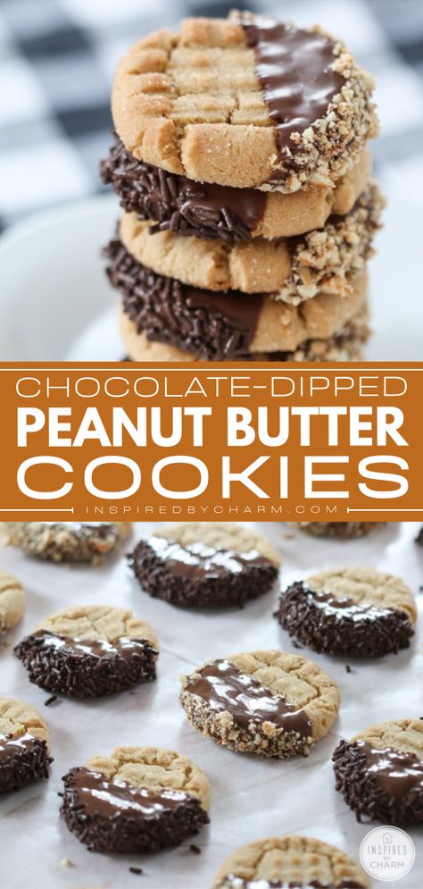 Get ready for these peanut butter cookies with a twist! Dipped in chocolate, this Christmas cookie idea has such a fun flavor upgrade. Plus, it looks totally fancy! Save this holiday baking recipe! Homemade Christmas Cookies, Deep Dish Cookie, Christmas Cookie Recipes Holiday, Cookie Exchange Recipes, Christmas Baking Cookies, Christmas Eats, Classic Peanut Butter Cookies, Chocolate Roll, Dipped Cookies