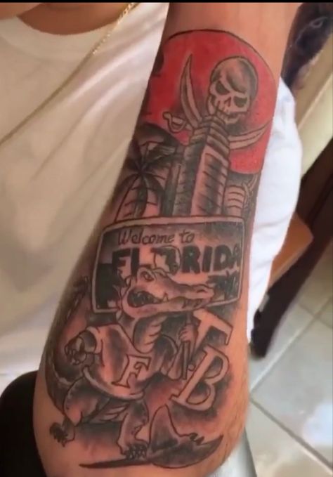 This tattoo is an idea of what a florida theme tattoo would be Florida Theme Tattoo, Florida Sleeve Tattoo, Florida Tattoos For Men, 305 Tattoo Miami, State Of Florida Tattoo, Buccaneers Tattoo, Florida Tattoo Ideas For Men, Florida Themed Tattoos, Florida Tattoo Ideas