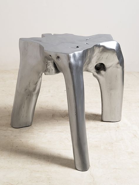 Unique Stool Design, Stool Design Ideas, Stool Design Metal, Silver Painted Furniture, Tree Trunk Stool, Stainless Steel Stool, Designs For Kitchen, Metallic Furniture, Concrete Stool