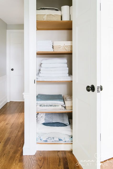 This time, I'm organizing my linen closet and broom closet and sharing some of my favorite cleaning products from The Container Store with you. #organization #linencloset #jennakateathome #tidy #clean Broom Closet Organization, Broom Closet Organizer, Small Linen Closets, Small Closet Storage, Master Closet Organization, Spacious House, Closet Clutter, Shared Closet, Ikea Closet