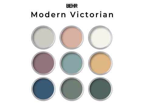 Modern Victorian Behr paint color palette is a sophisticated blend of rich jewel tones, muted neutrals, and bold pops of color. Picking the perfect paint color for your home should be a fun and easy experience! My paint color palette includes nine coordinating colors that are complementary to each other and work together for a cohesive look for your home. Paint Color Palette Package Includes: * 9 Designer selected paint colors. * Coordinating scheme selected by design professional. * Recommendat French Country Cottage Color Palette, Victorian Color Palette Exterior, Victorian Colour Palette, Victorian Color Palette Interiors, Modern Victorian Paint Colors, Modern Victorian Color Palette, Color Pallets For The Home, Victorian Exterior Color Schemes, Victorian Homes Exterior Colors