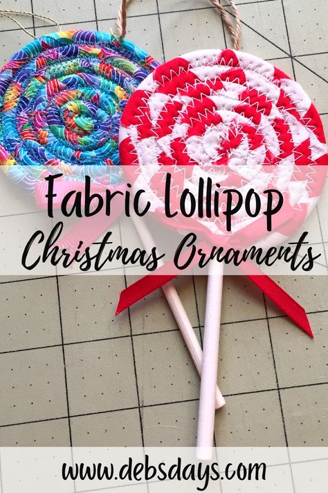 Rope Christmas Tree Diy Ornaments, Fabric Ribbon Candy Ornament, Fabric Lollipop Ornament, Christmas Tree Ornaments Fabric, Fabric Lollipop Diy, Ribbon Christmas Ornaments Diy, Rope Ornaments Diy, Fabric Christmas Tree Ornaments Diy, Easy Fabric Ornaments Diy