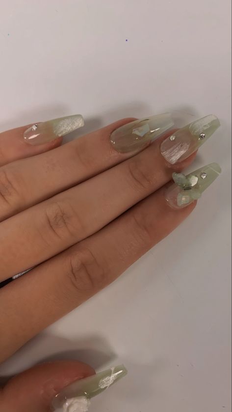 Pastel Green Nails Coffin, Simple Green And Silver Nails, Green Jelly Nails Acrylic, Mail Ideas With Gems, Jade Jelly Nails, Sage Green Fairy Nails, Sage Green Nails With Gems, Coquette Green Nails, Quinceanera Nails Sage Green