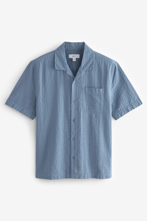 Upgrade your summer style with our men's short sleeve cuban collar shirt. Crafted from a lightweight seersucker cotton fabric, this stylish shirt is complete with short sleeves, a cuban collar and button fastening. 100% Cotton. Man Blue Outfit, Men Summer Shirt, Cuban Collar Shirt Men, Ellie Cosplay, Button Shirt Outfit, Boys Shirts Style, Cuban Collar Shirt, Summer Shirts Men, Seersucker Shirt