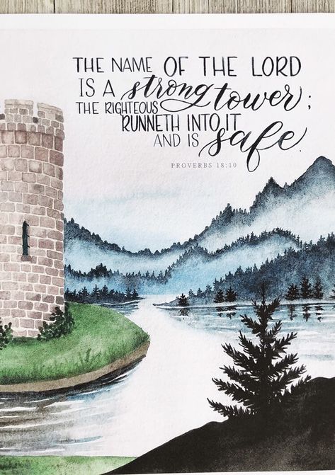 The Lord Is A Strong Tower, The Name Of The Lord Is A Strong Tower, Colorful Castle, Watercolor Castle, Strong Tower, Dark Mountains, Watercolor Lettering, Watercolor Pictures, Bible Verse Prints