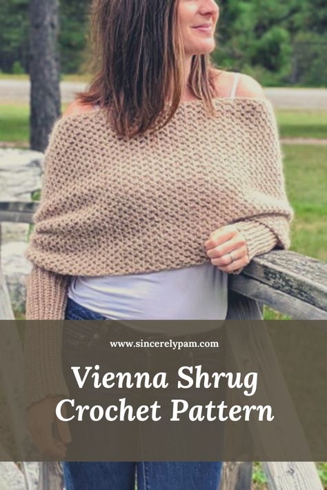 The Vienna Convertible Shrug fits every style and every body! It is incredibly versitile and customizable! Use this crochet pattern to make gifts for family and friends, or keep it all to yourself. This design can be worn in dozens of different ways. Use it show in the photo, worn as a scarf, wrapped around the torso, or over just one shoulder. Fashion should be fun! You can get this crochet pattern as part of the Crochet Foundry Fall 2020 digital issue. Long Sleeved Shrug Crochet Pattern, Blanket Shrug Crochet, Crochet Shrug Wrap Pattern Free, Sleeved Shawl Crochet Pattern, Crochet Convertible Scarf Sweater, Sweater Shrug Crochet, Crochet Sleeved Wrap, Crochet Sweater Wrap Pattern Free, Shoulder Warmer Crochet